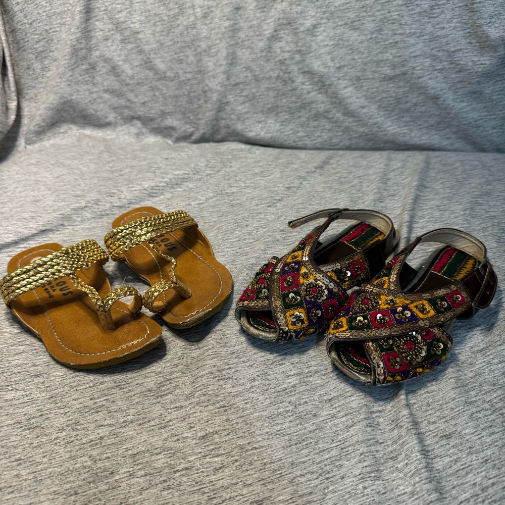 Girls Kola Puri/ornate Indian‎ slip-on shoes, Sandals 11, Peektoe beaded 12, EUC